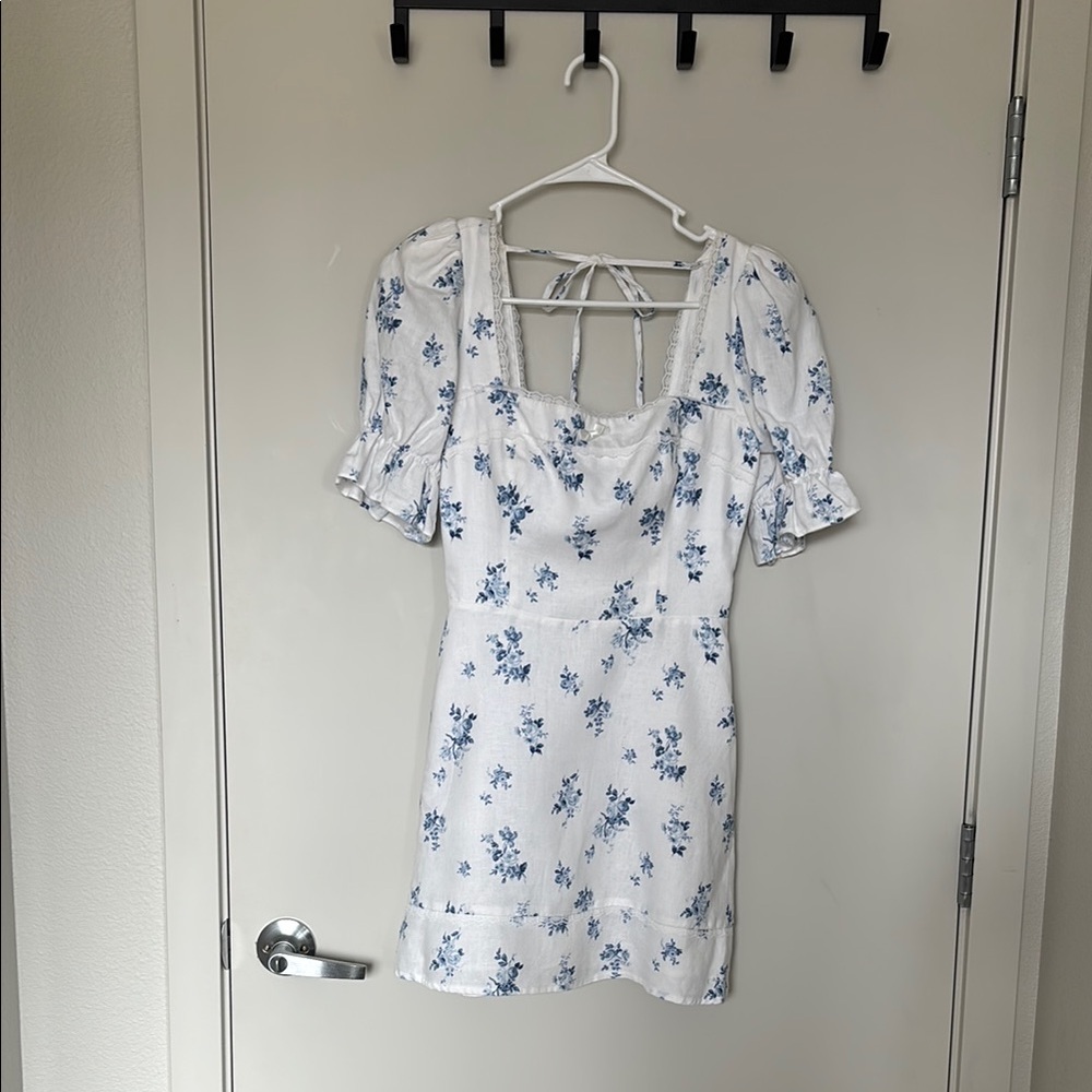 Reformation Floral White and Blue Dress